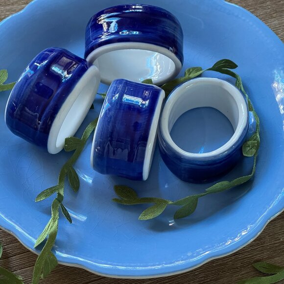 4 Glazed Ceramic Cobalt Blue Napkin Rings - Picture 3 of 10